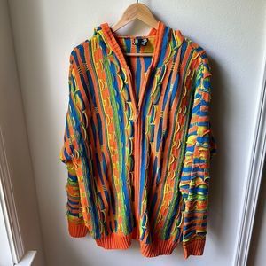 Vintage Reggae Coogi Style Hooded Zip Up Knit Colorful Striped Jacket Size 2XL